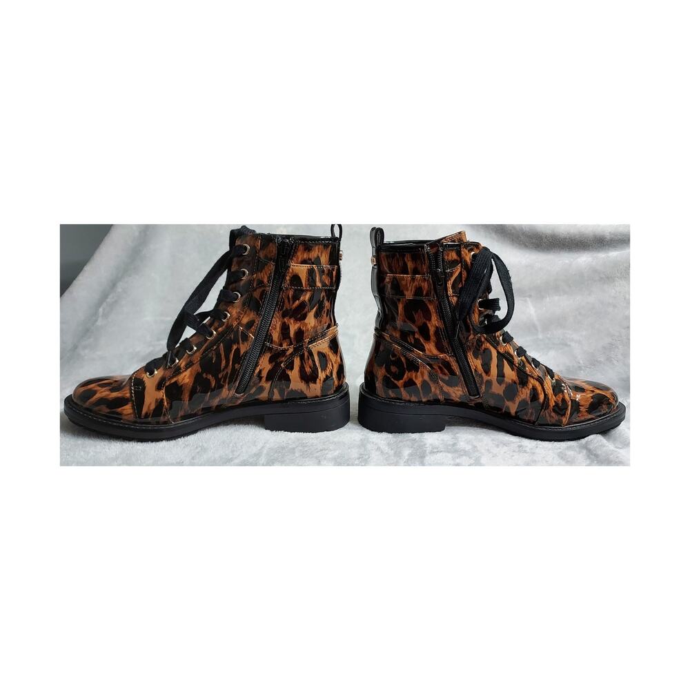Alex Marie Glossy Leopard Print Boot with Chunky Sole and Jeweled Buckle Size 8M